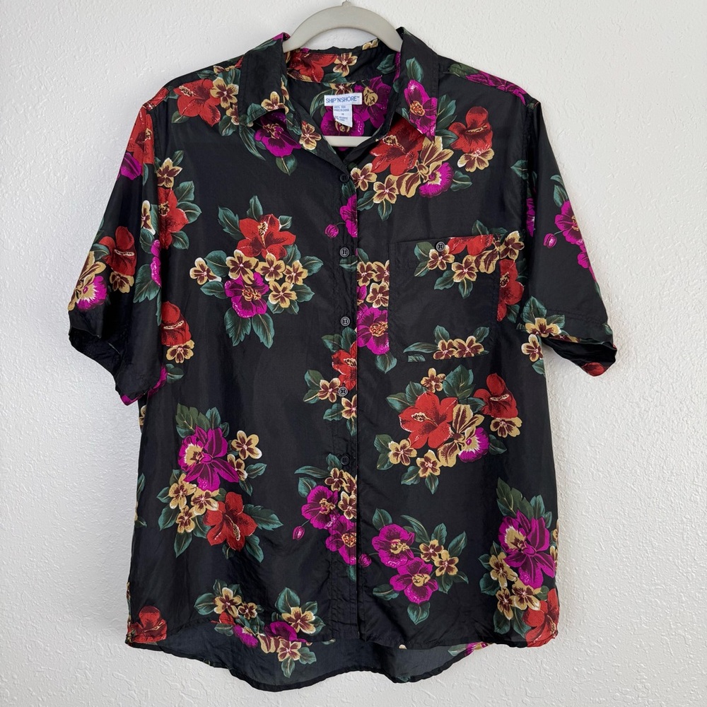 Ship'n Shore silk black floral tropical hawaiian button front blouse top M - Picture 9 of 9